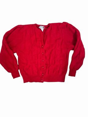 Vintage Adele Joyce Red Angora Lambswool Cable Knit Puff Sleeve Cardigan M